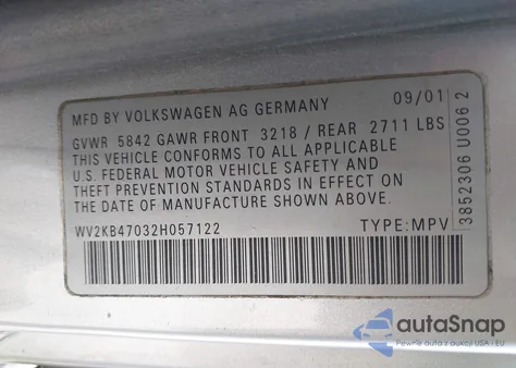 2002 Volkswagen Eurovan Gls из США, поврежденный, VIN WV2KB47032H057122